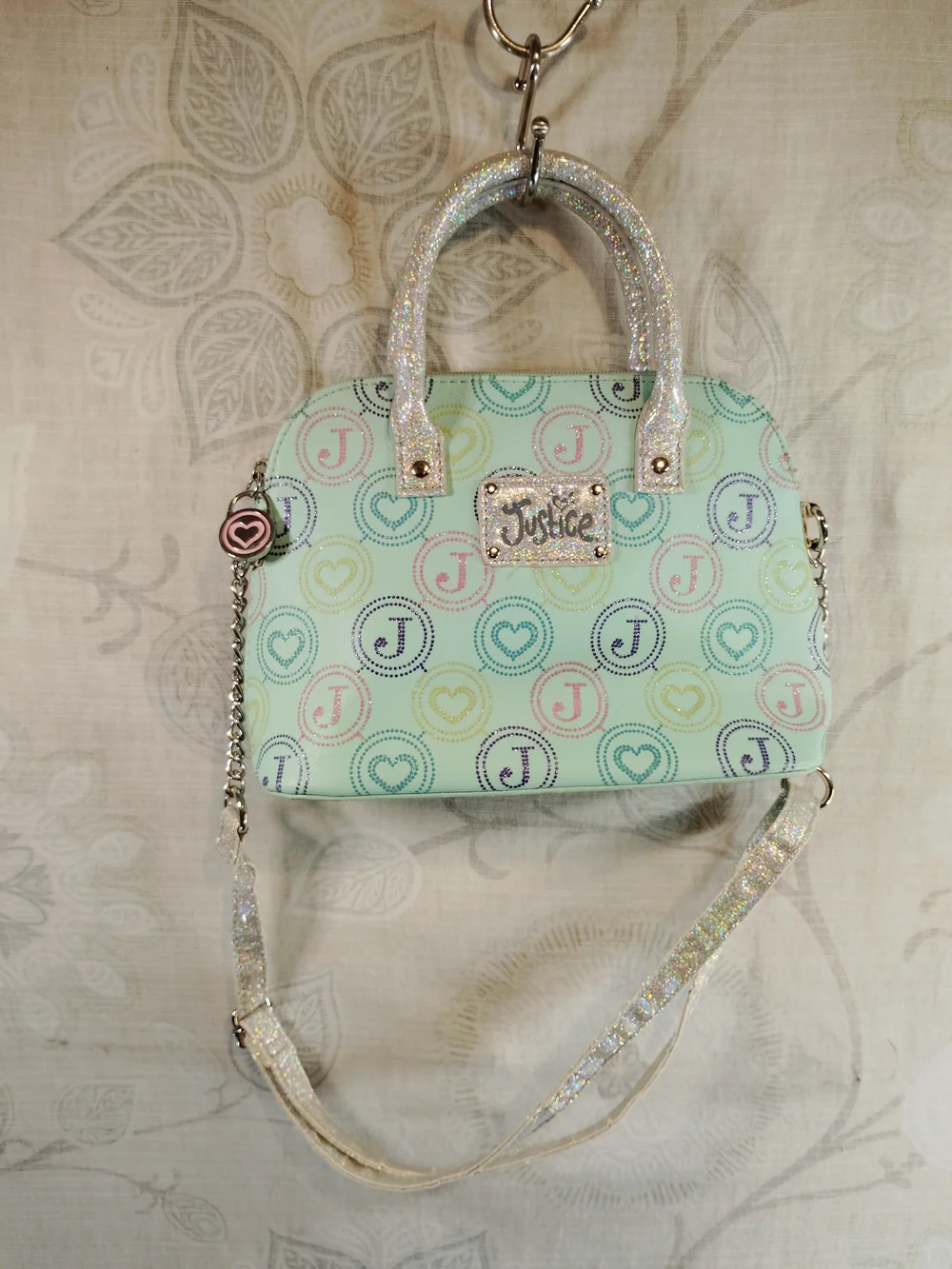 Justice Mint Pastel Logo Crossbody Bag with Glitter Handles